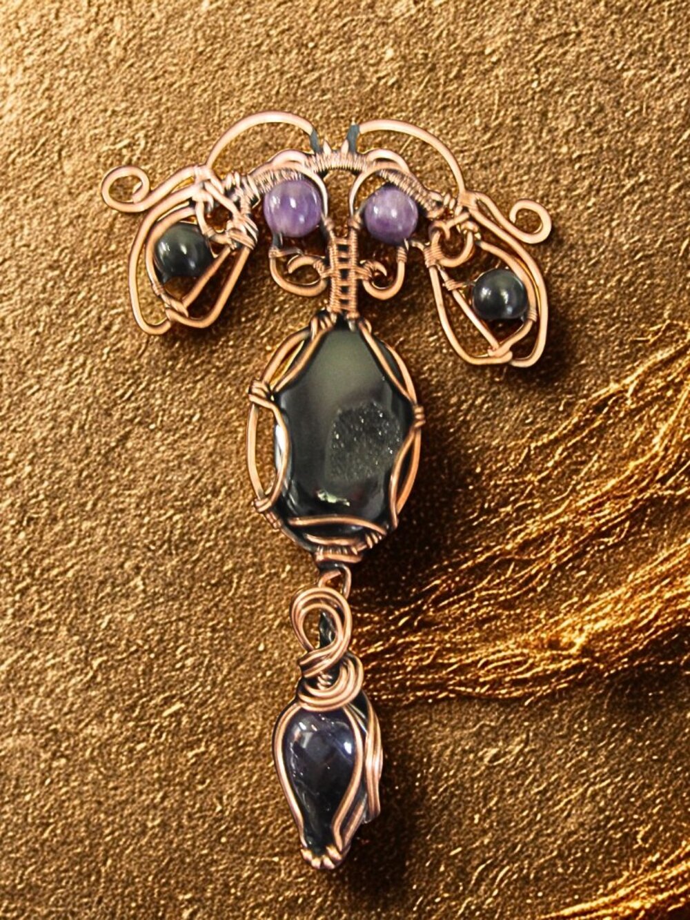 Handmade Wire wrapped Statement Necklace w/ Amethyst, Obsidian Druzy, Copper - Picture 4 of 8